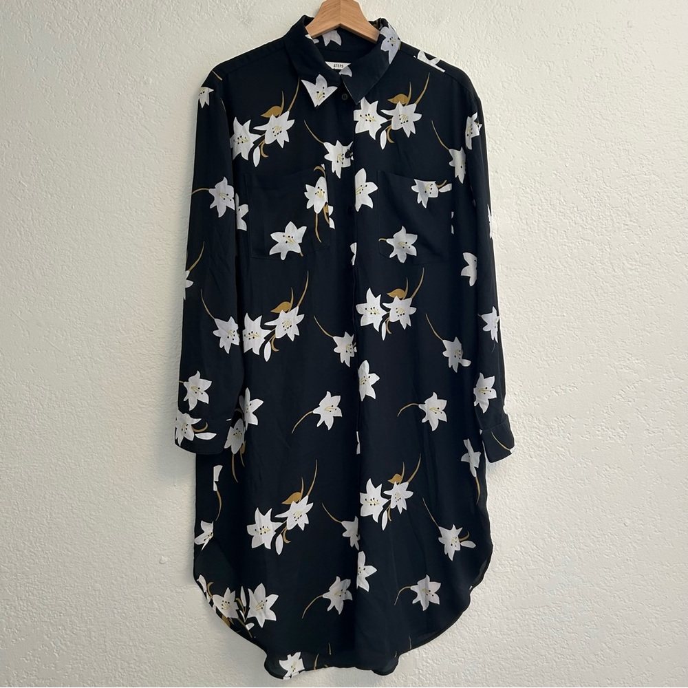STEPS Black Floral Shirt Dress‎ Tunic Long Sleeve Button Front Size 42 L